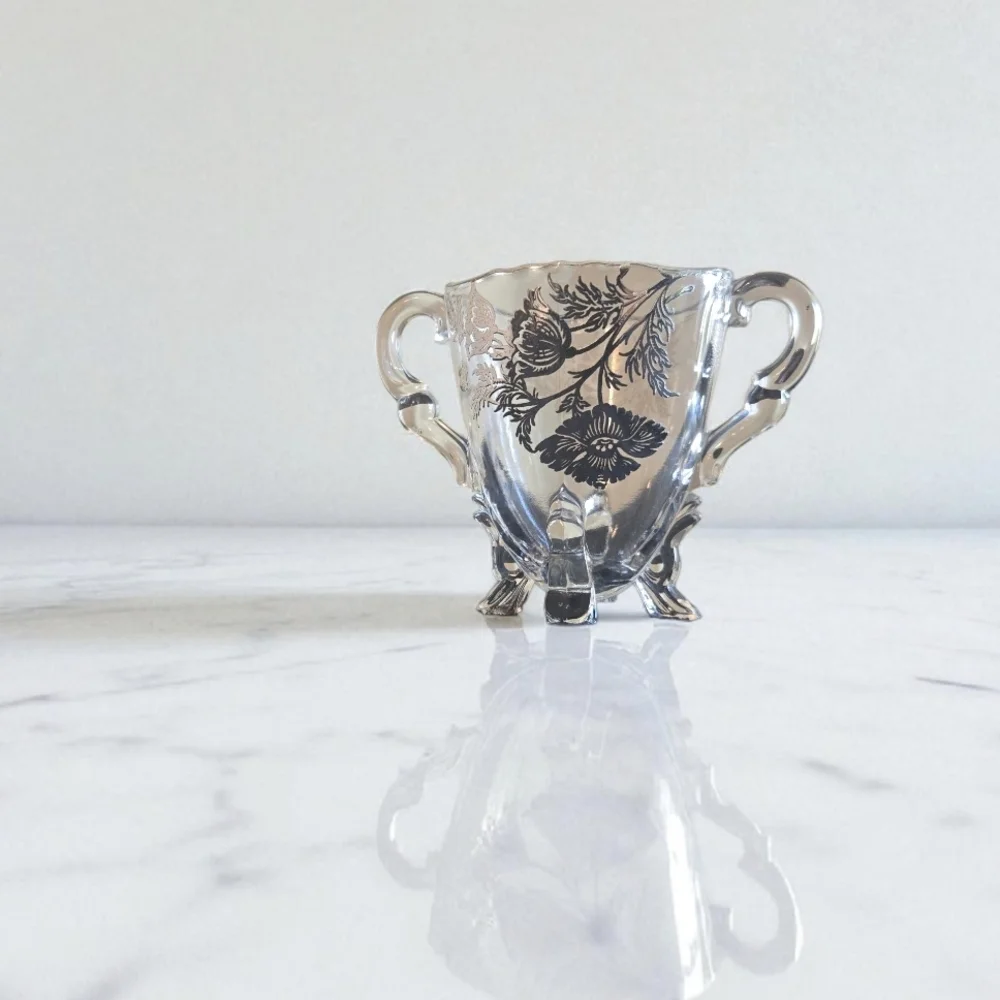 Elegant Clear Glass Sugar Bowl with‎ Floral Design